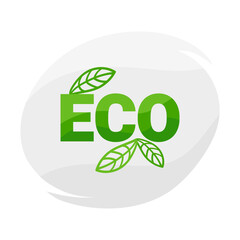 Eco logo with leaf. Text Eco on the gray background of an abstract shape and a green leaf