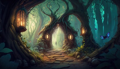 A magical, dreamlike forest with a hidden fairy village, in the style of The Secret of NIM, Generate Ai