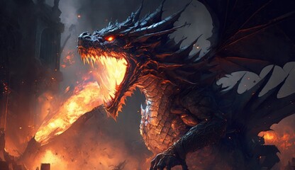 Fire breathes explode from a giant dragon in a black night, the epic battle evil - concept art, Generate Ai