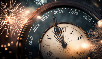 Happy New Year 2024, clock face and burst glitter sparkles and bokeh of firework of celebration to countdown,  Generative AI