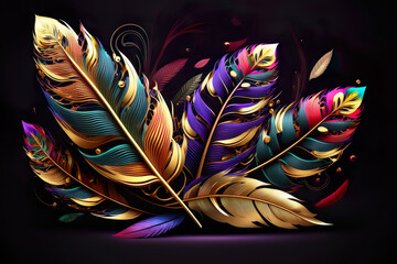 Colorful Feathers For Carnival Composition On Black Background - Generative AI