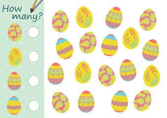 Easter games collection for kids. How many items on picture? Counting for preschool. Funny Paschal egg. Page for coloring book, leisure activity task for children. 