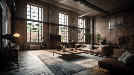 Fototapeta na wymiar living room loft in an industrial style. Generative AI