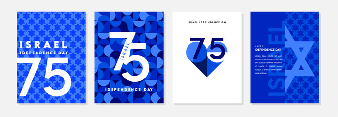 Israel independence day design template for cards, poster, invitation, website. National day of Israel with flag, balloons and fireworks. Happy Independence Day in Hebrew - 585316891