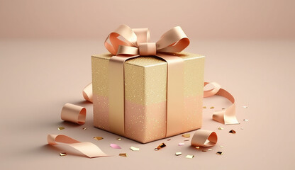 A pink gift box with a gold bow on the top and gold confetti on the bottom. Generative AI
