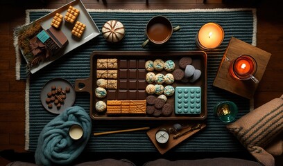  a tray of cookies, cookies, candles, and a blanket.  generative ai