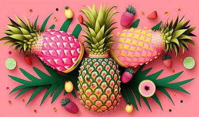  a group of pineapples and strawberries on a pink background.  generative ai