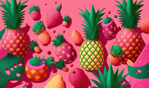  a bunch of pineapples and strawberries on a pink background.  generative ai