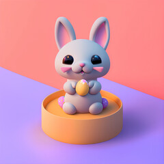 Fototapeta premium Illustration of tiny cute cartoon rabbit with easter egg in hands. Easter Bunny. Generative AI 