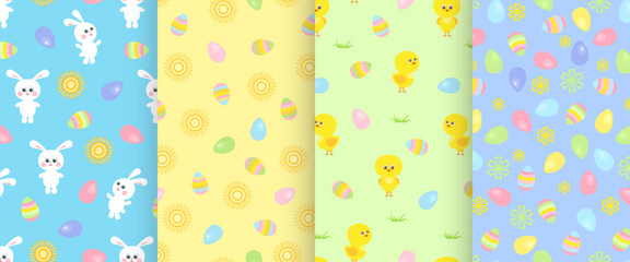Fototapeta na wymiar Set of Easter seamless patterns. Cute funny bunnies, baby chickens and colored Easter eggs. Collection of vector holiday backgrounds. Cartoon illustration.