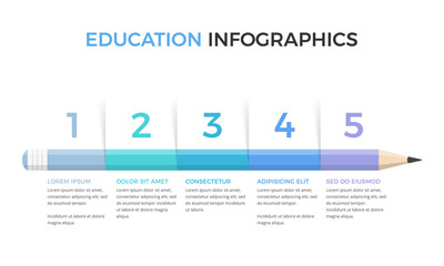 Pencil divided on five parts with place for numbers and text, education infographics template