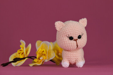 Soft DIY toy made of natural cotton and wool. Cute little crocheted cat, handmade art. Amigurumi kitten doll on pink background next to yellow orchid flowers.
