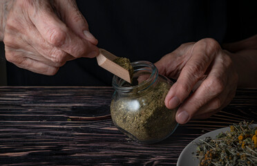 Dried medicinal herb, antiparasitic collection of tansy, wormwood and cloves (troychatka). The...