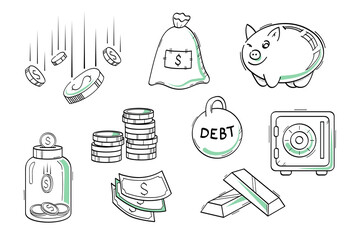 Fototapeta premium Doodle banks crisis, savings money - a set of vector icons. Piggy bank, dollar drop, debts, savings. Line illustrations.