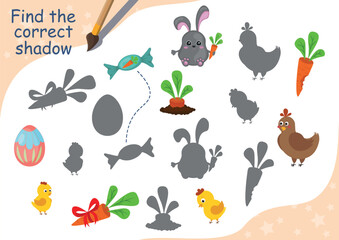 Easter games collection for kids. Find the correct shadow. Funny rabbit, chicken, Paschal egg, carrot. Page for coloring book, leisure activity task for children. Educational game for children