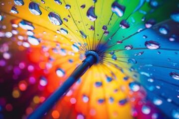 In this striking close-up photo, raindrops pelt against a bright and cheerful umbrella, creating a dynamic and energetic effect. Generative AI