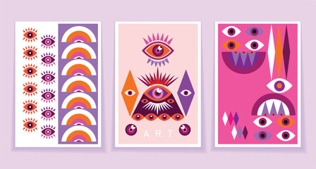 Modern abstract   set  cards esoteric eye , All-seeing eye  Magic, occult symbol sign , sacred art  Template design decor cover, poster, banner  Vector graphic background illustration