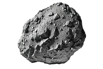 The image features a highly realistic depiction of an asteroid floating against a transparent background, allowing for a clear view of its rugged, cratered surface.Generative AI