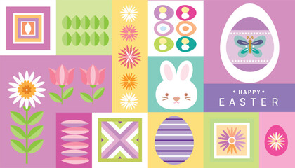 Happy Easter festive  template web banner design  with  rabbit, easter egg , spring flower, For decorated easter greeting card, banner cover, poster. Flat cartoon  style Vector icon illustration