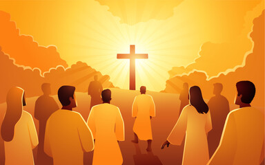 Biblical vector illustration series of people climbed the hill towards the cross - obrazy, fototapety, plakaty