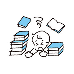 本の山に埋もれてイヤになっている男性