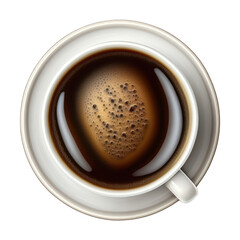 The image is a realistic top view of a cup of coffee on a transparent background, showing the rich color and texture of the coffee and the details of the cup's design.Generative AI
