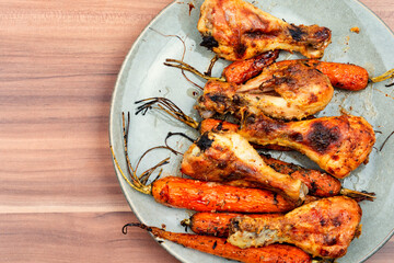 Baked chicken drumstick, copy space