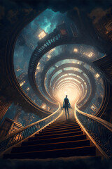 Stairs to a magical library - obrazy, fototapety, plakaty
