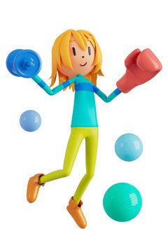 person cartoon character boy and girl with sports objects. 3d illustration. fitness activity action. man in a sports game. healthy concept. 3d ball. exercise action.smartphone smartwatch design.