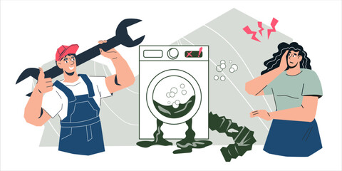 Fototapeta premium Repair and warranty service of washing machines and household appliances banner design. Washing machine repair service banner backdrop, flat vector illustration isolated on white background.