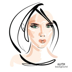 art sketching portrait of beautiful young woman makeup face, fashion vector; glamour girl model; hand draw illustration; hairstyle for the evening, wedding; modern design for women's day card, poster