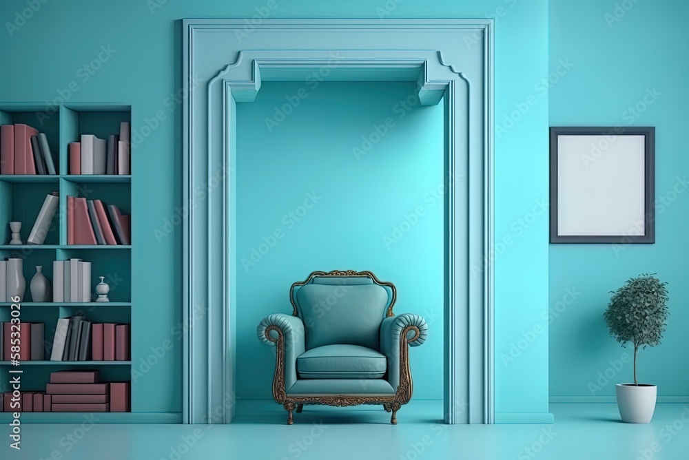 Poster a living area set up with a sofa and armchair in front of a bright blue wall that serves as a backdr