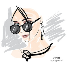 art sketching portrait of beautiful young woman makeup face in isolated vector; glamour girl model fashion illustration; party hairstyle, earring, sunglasses