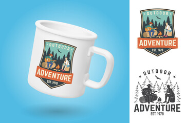 White camping cup. Realistic mug mockup template with sample design. Outdoor adventure badge. Vector. Vintage typography design with camper tent, pot on the fire, axe and mountain silhouette