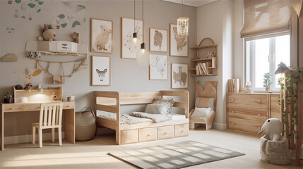children's room with natural wooden furniture and a farmhouse-style interior background. Generative AI