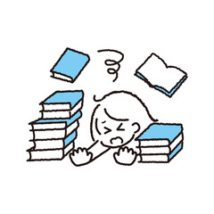 本の山に埋もれてイヤになっている女性