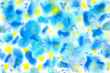 Blue and yellow watercolor blurs on a white background. Delicate abstract watercolor background. Illustration.