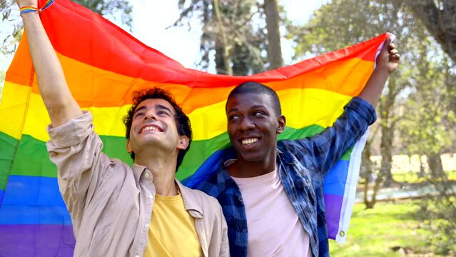 Portrait of multiethnic gay male couple holding a rainbow lgbt symbol flag at sunset