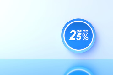 3D Rendering. 25 percent off with freespace for texting on pastel blue background. Special Offer 25% Discount Tag. Super sale offer and best seller.