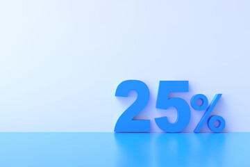 3D Rendering. 25 percent off with freespace for texting on pastel blue background. Special Offer 25% Discount Tag. Super sale offer and best seller.