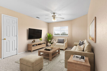 Spacious Big Living Room Of Luxurious Estate With Wooden Elements. Modern Mansion Interior With A New Stylish Furniture Design Concept For Residential Home. 3D illustration. Florida, USA 