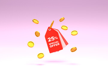 3D Rendering. Price tag with 25 percent discount and surrounded with coins on pastel pink background. Special Offer 25% Discount Tag. Super sale offer and best seller.