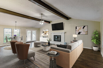 Spacious Big Living Room Of Luxurious Estate With Wooden Elements. Modern Mansion Interior With A New Stylish Furniture Design Concept For Residential Home. 3D illustration. Florida, USA 
