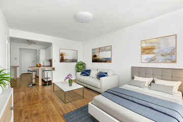 Luxurious king-size bed with modern furniture in a bright bedroom. Template for expensive bedroom. Concept for interior design, architecture, and lifestyle. 3D illustration. California, USA - 2023