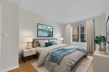 Luxurious king-size bed with modern furniture in a bright bedroom. Template for expensive bedroom. Concept for interior design, architecture, and lifestyle. 3D illustration. California, USA - 2023