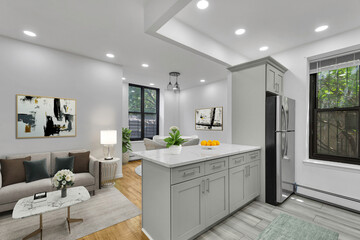 Spacious Big Living Room Of Luxurious Estate With Wooden Elements. Modern Mansion Interior With A New Stylish Furniture Design Concept For Residential Home. 3D illustration. Florida, USA