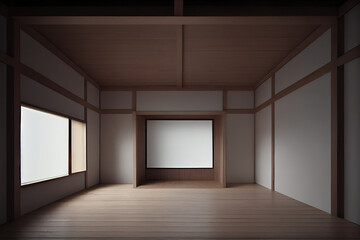 Fototapeta premium Minimal Muji style, Empty wooden room,Cleaning japandi room interior, big blank space. Generative Ai
