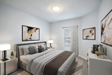 Luxurious king-size bed with modern furniture in a bright bedroom. Template for expensive bedroom. Concept for interior design, architecture, and lifestyle. 3D illustration. California, USA - 2023