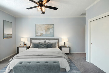 Luxurious king-size bed with modern furniture in a bright bedroom. Template for expensive bedroom. Concept for interior design, architecture, and lifestyle. 3D illustration. California, USA - 2023