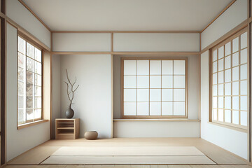 Muji style, Empty wooden room, Cleaning japandi room interior, big blank space. Generative Ai